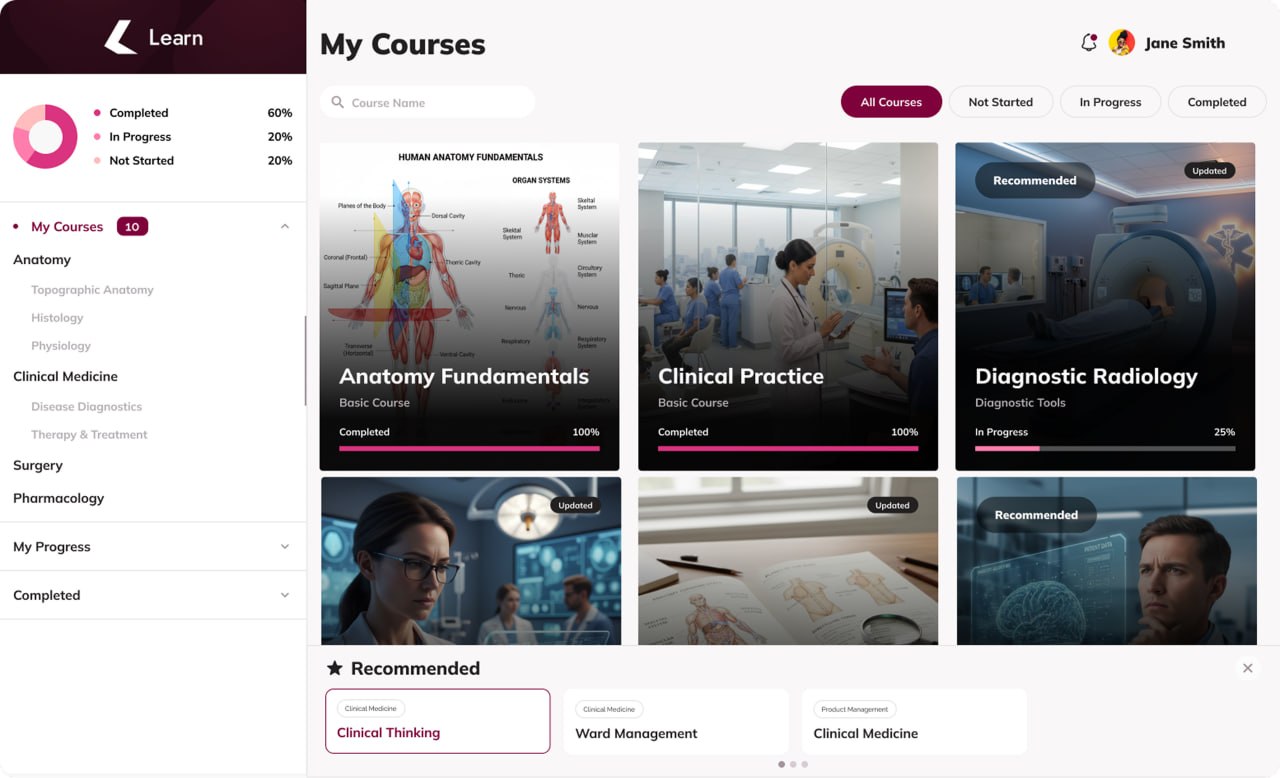GEOR Learn admin overview dashboard with learner stats, course engagement, and recent activity
